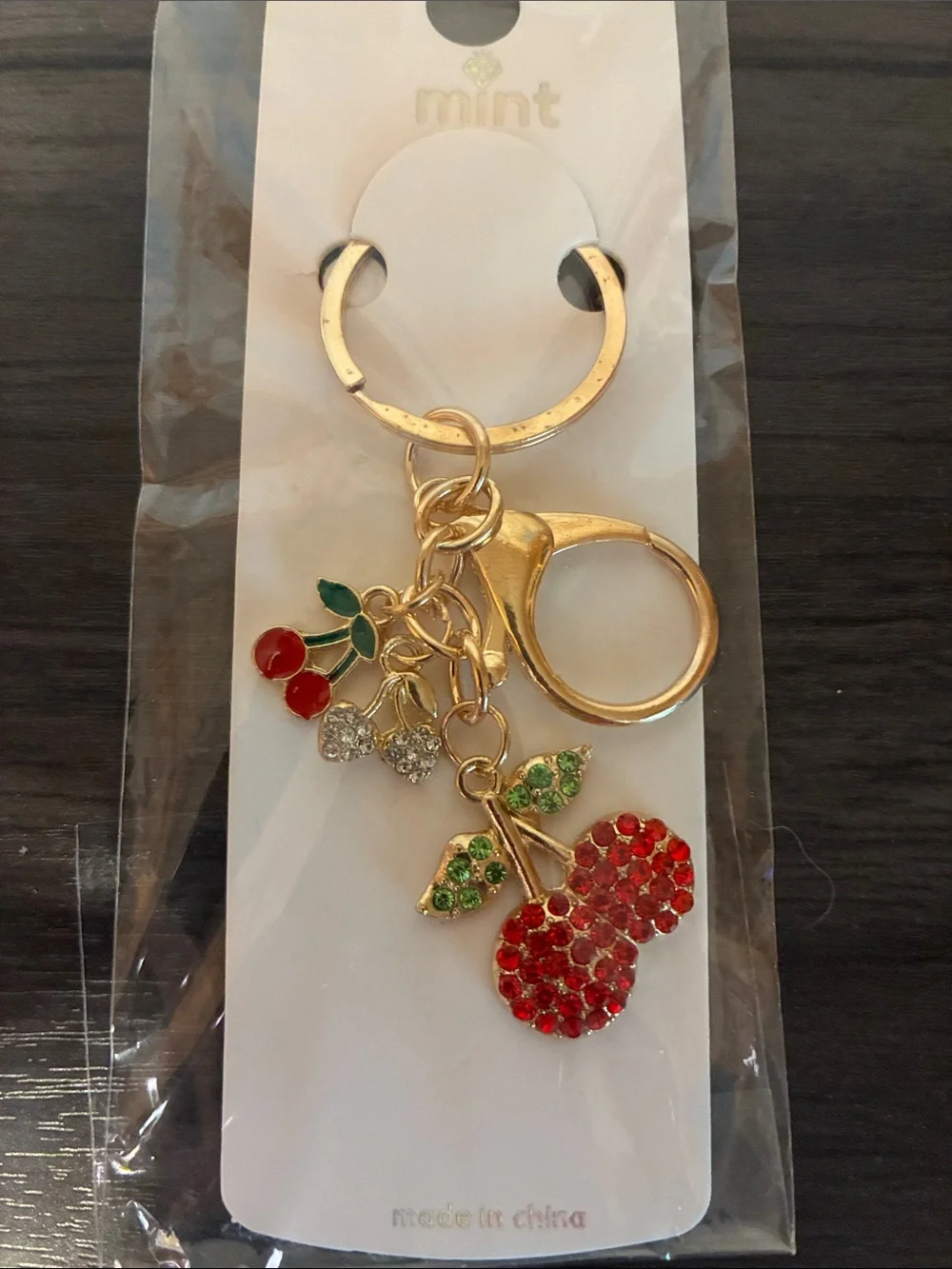 Gold Cherry Crystal Keychain Rhinestone Charm Bag Clip Red Green - Picture 4 of 5